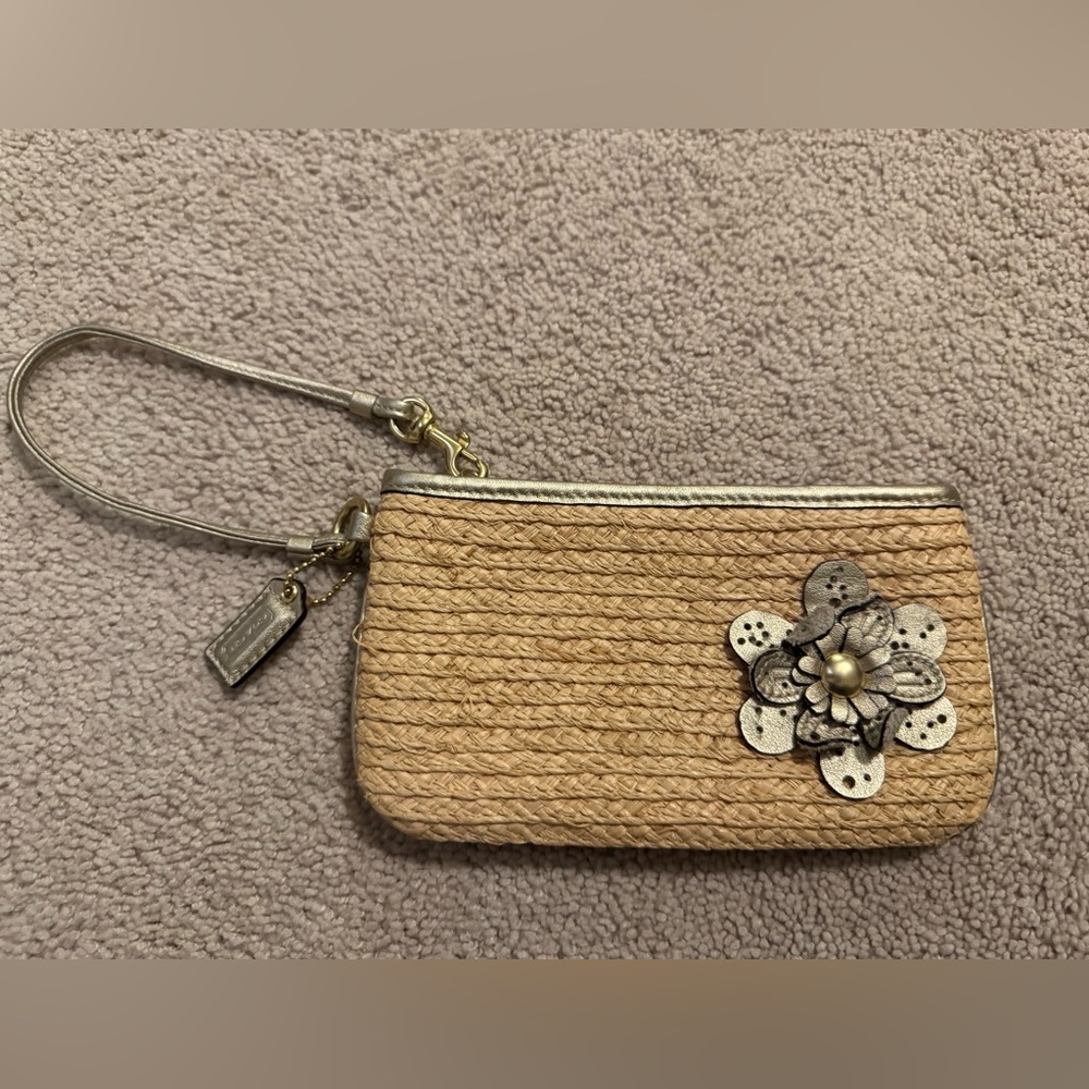 Coach Tan and Silver Wristlet with Floral Accent